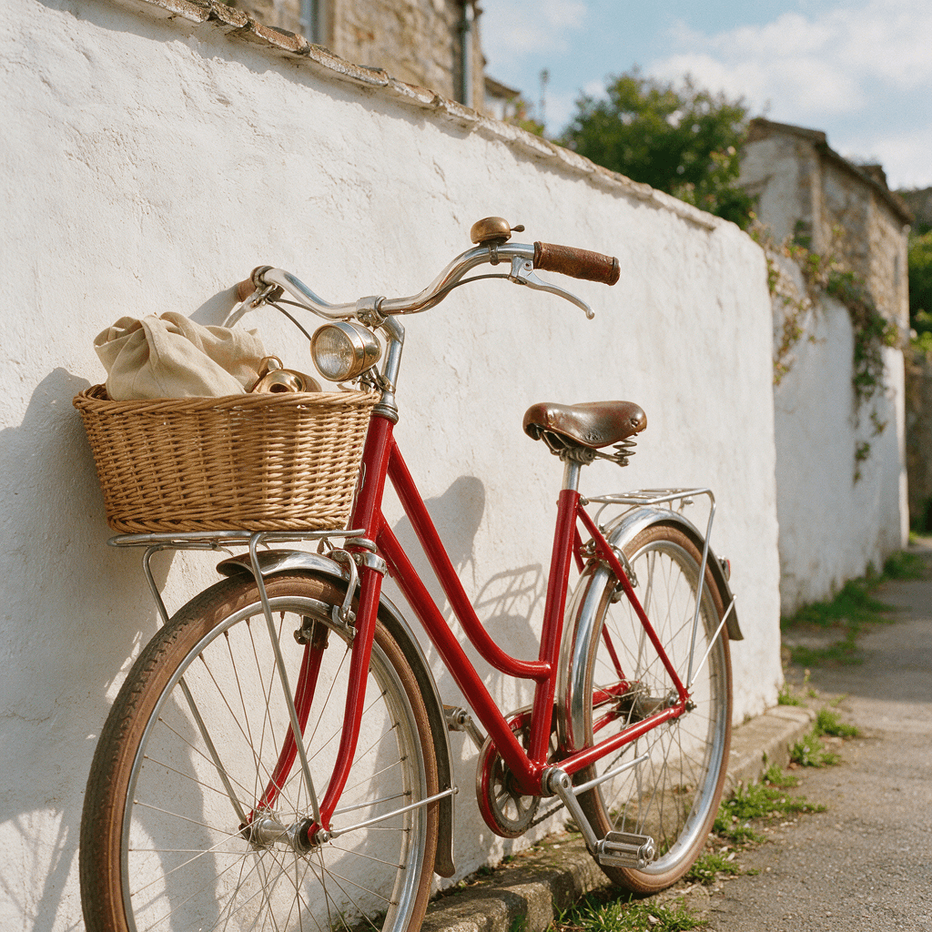 a red vintage bicycle against a white wall