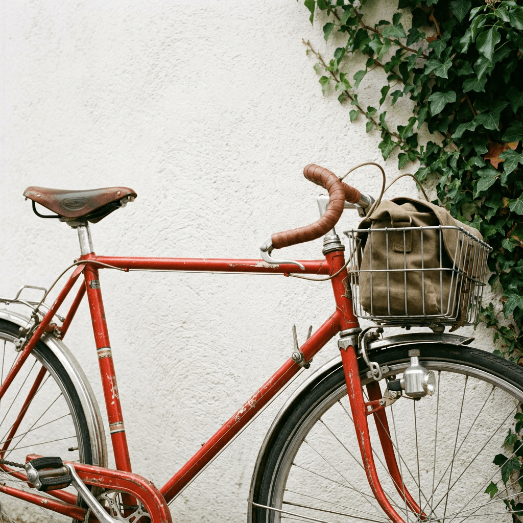 a red vintage bicycle against a white wall