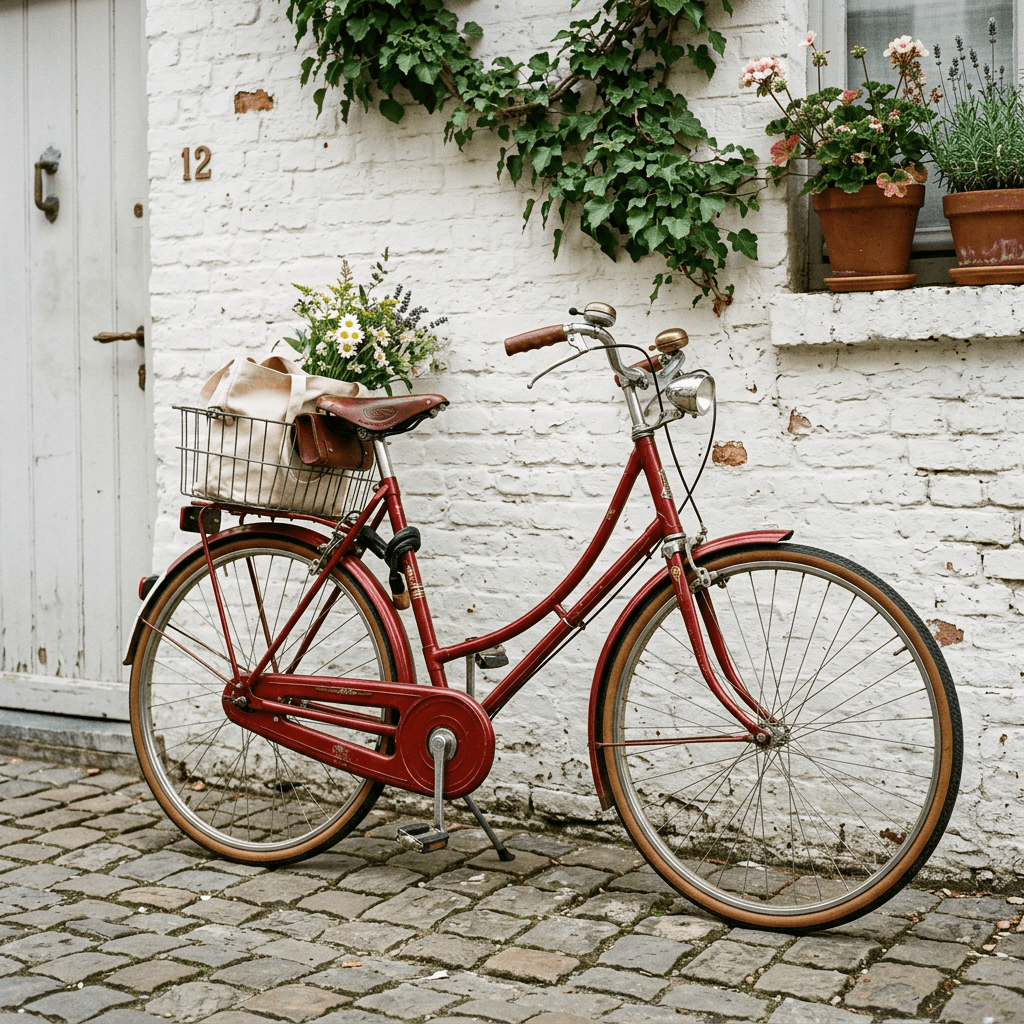 a red vintage bicycle against a white wall