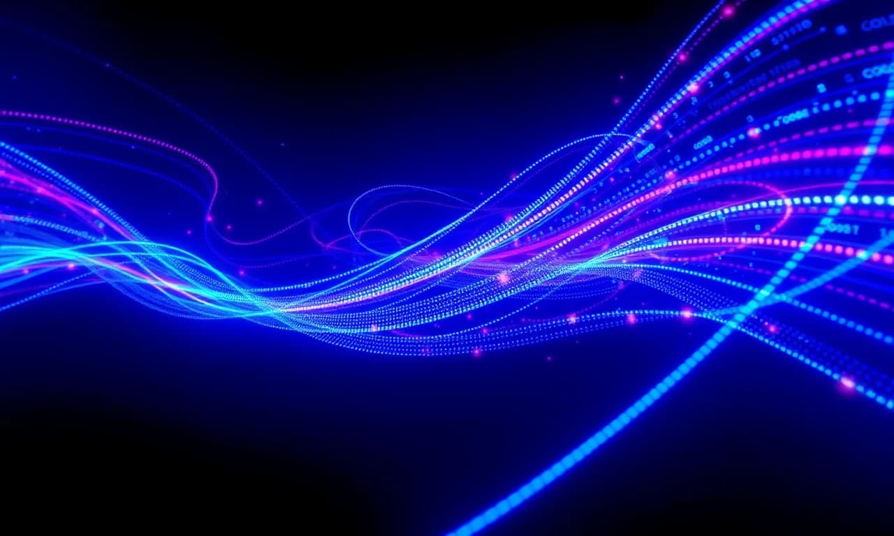 Streams of glowing code lines flowing and assembling themselves in dark space