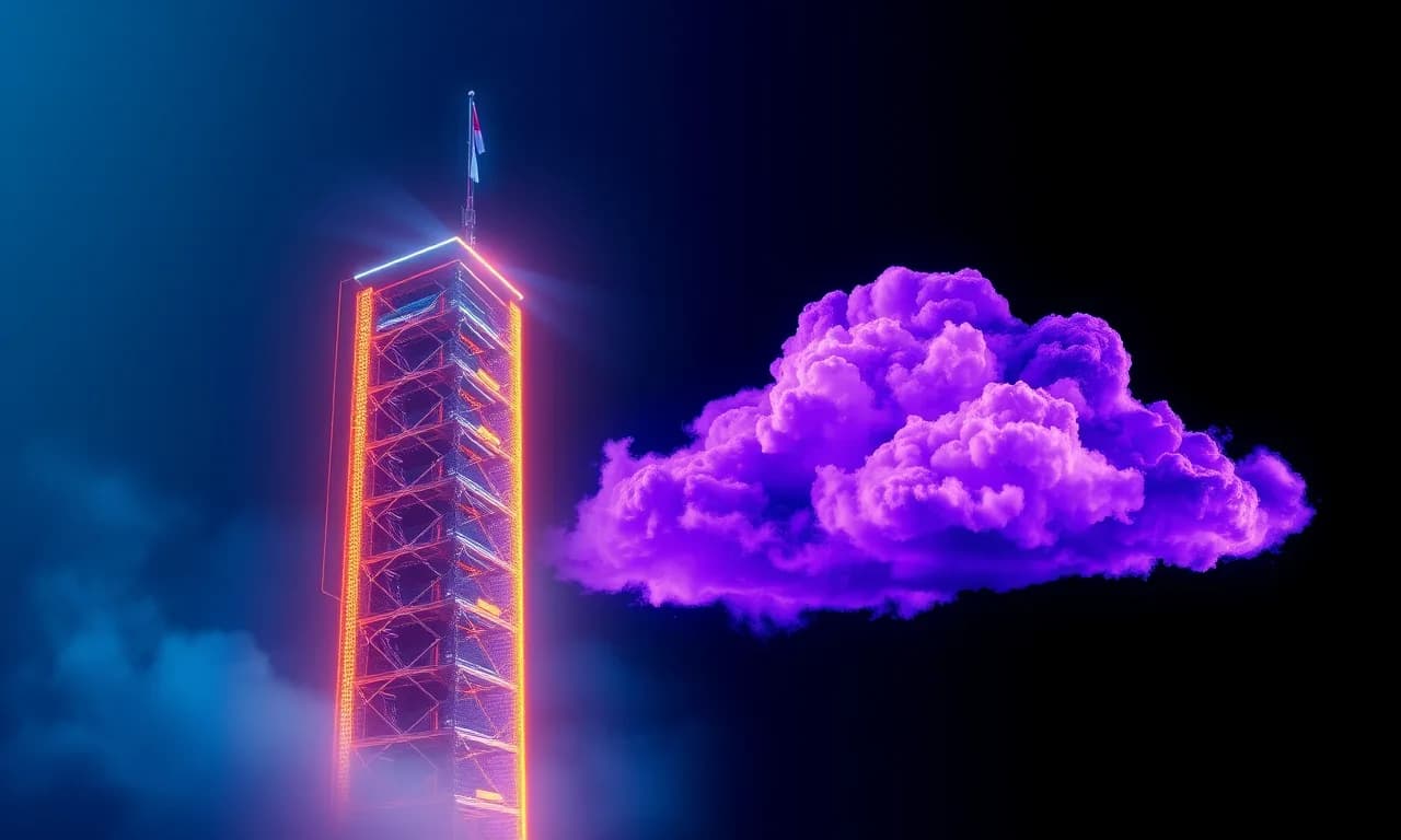 A split composition contrasting a local server tower and a luminous cloud