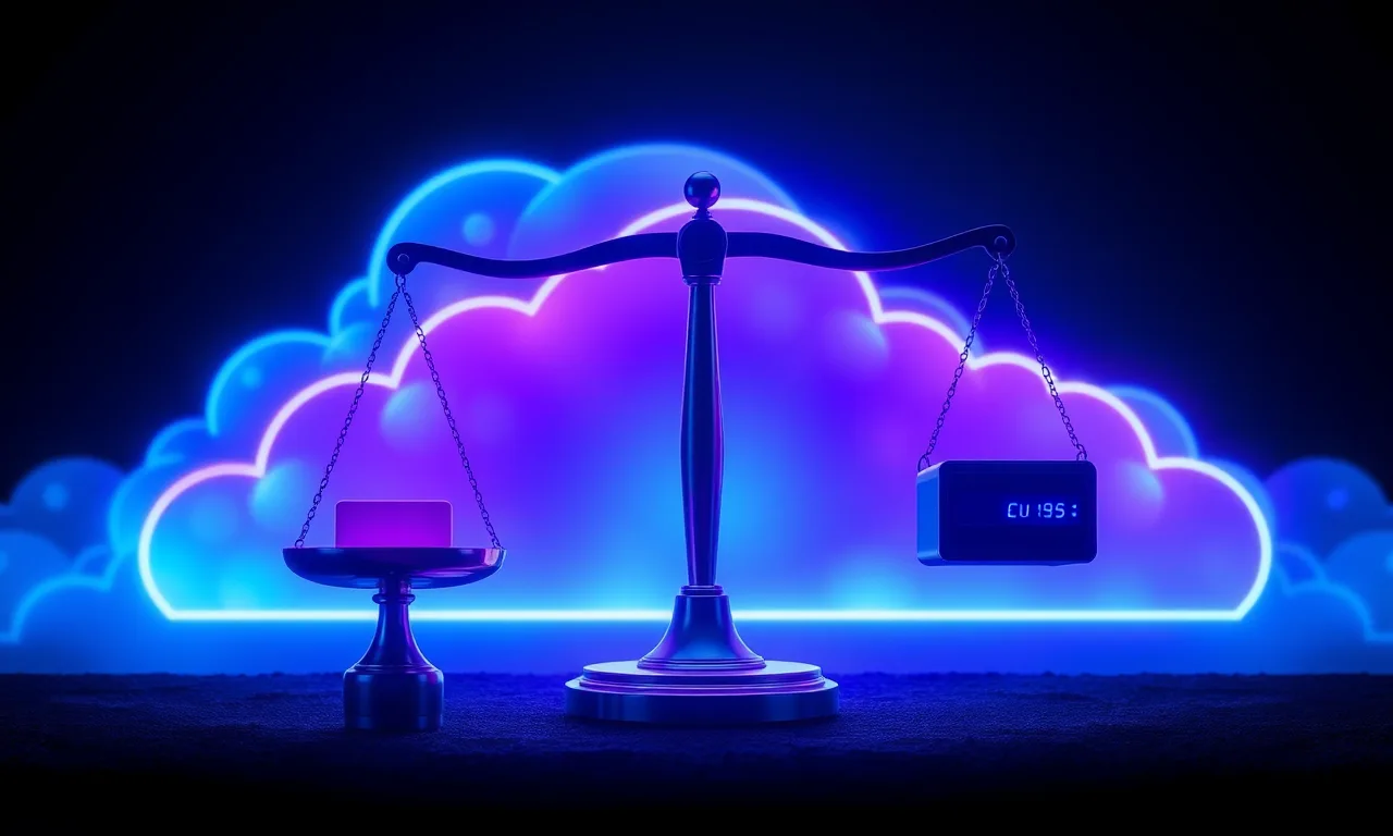 A glowing balance scale weighing a compact server against a luminous cloud