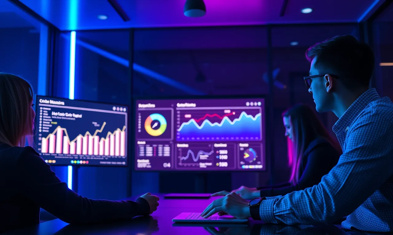 Business team reviewing an analytics dashboard in a modern meeting room