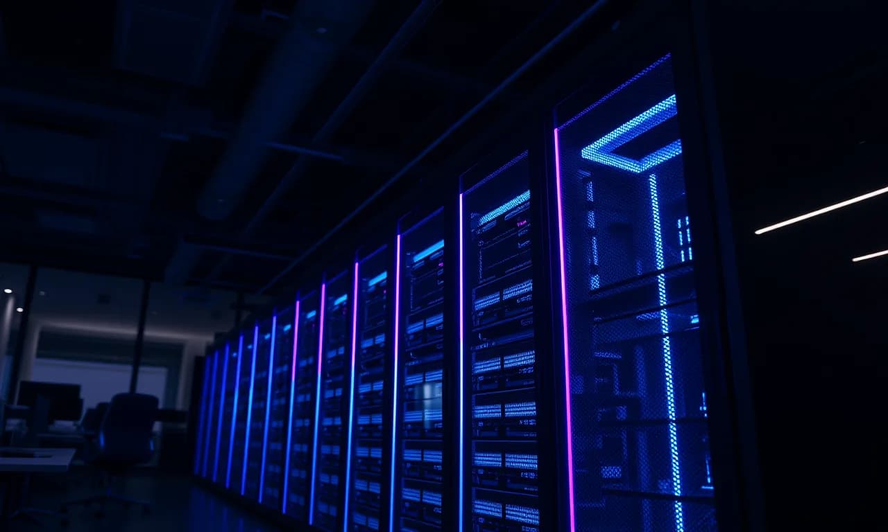 On-premise AI server rack glowing inside a modern corporate office