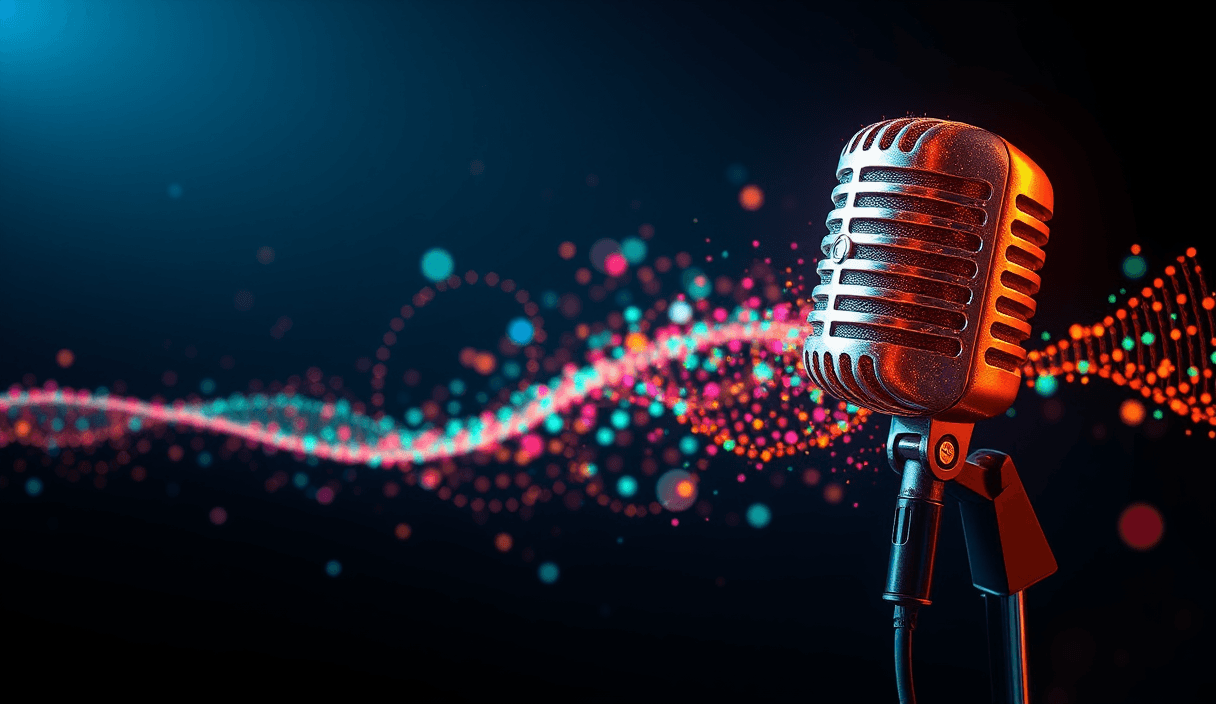 An abstract glowing microphone dissolving into colourful particles