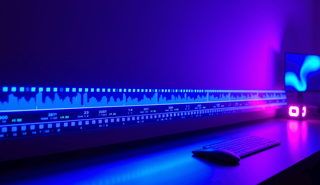 A glowing video editing timeline with film strips and waveforms above a dark desk