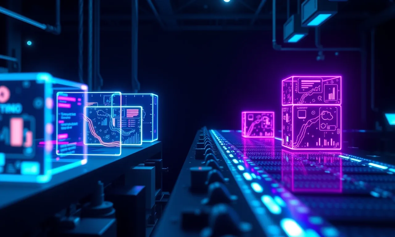 A futuristic digital production line assembling glowing content blocks