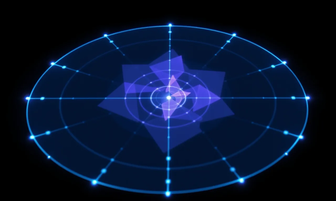 A glowing radar chart of overlapping translucent polygons comparing model strengths