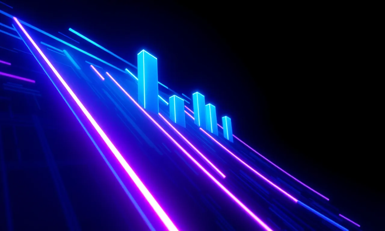 Luminous benchmark bars racing at different heights through dark space