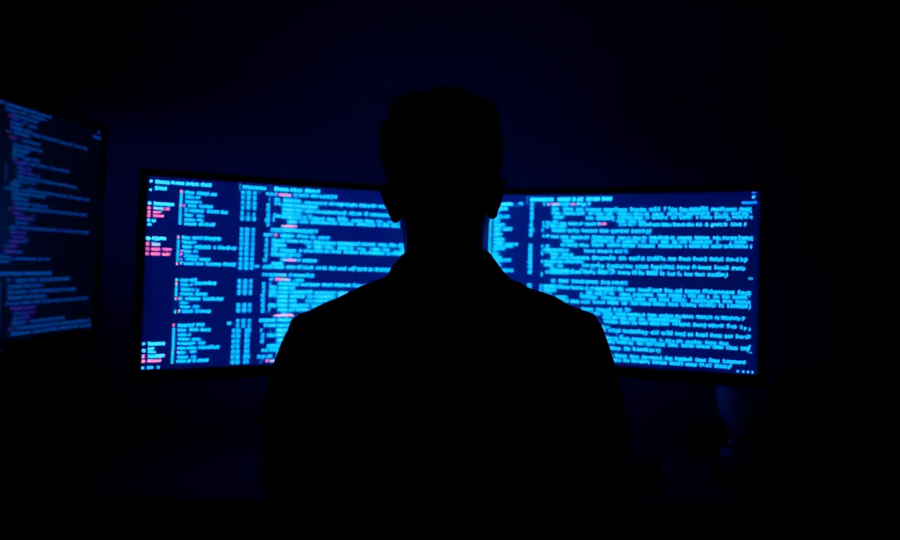 Lines of glowing code assembling themselves on a dark screen