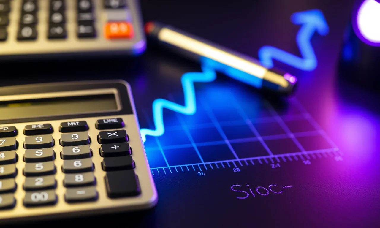 Calculator beside an upward financial line graph glowing on a dark desk
