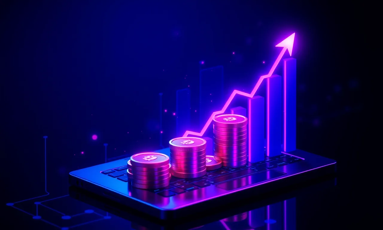 Abstract advertising revenue growth concept with glowing coins and rising charts