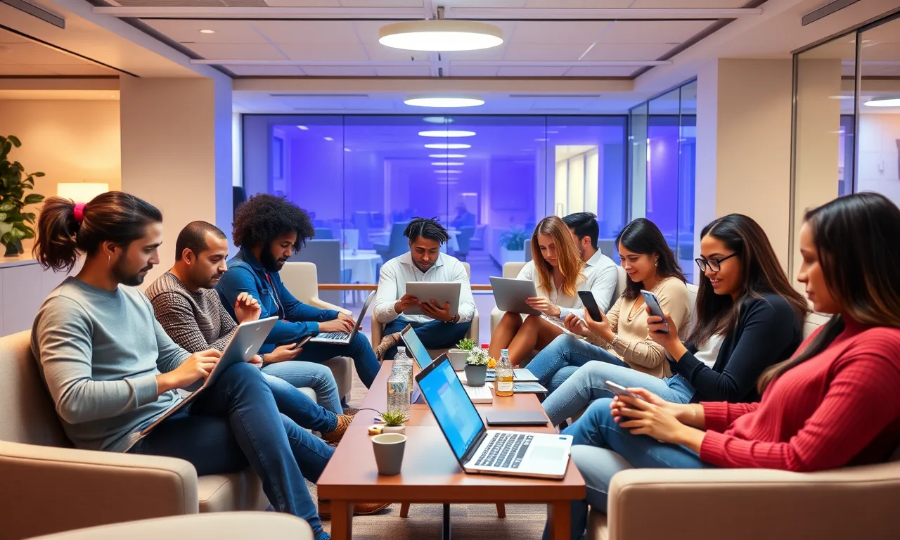 A diverse group of people using laptops and phones in an inclusive modern space