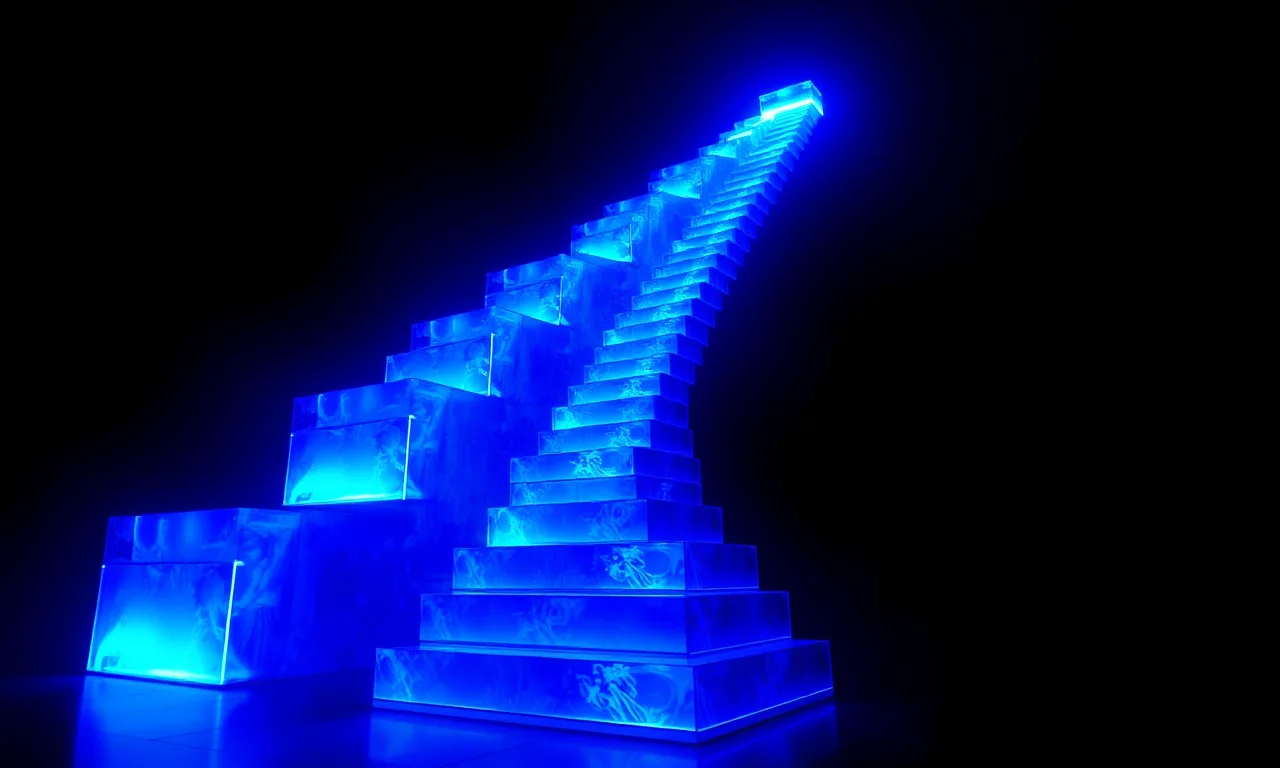 A luminous upward staircase of light blocks representing compounding growth