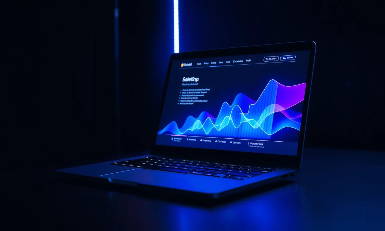 Laptop displaying a website wireframe with a rising performance graph