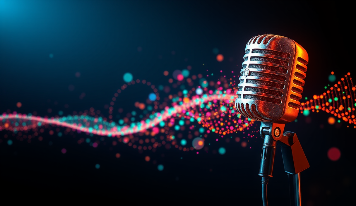 A glowing microphone dissolving into sound waves and particles