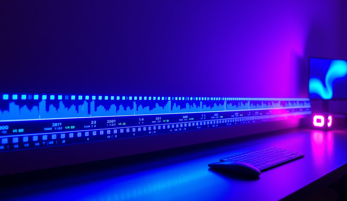 A glowing editing timeline with film strips and waveforms above a dark desk